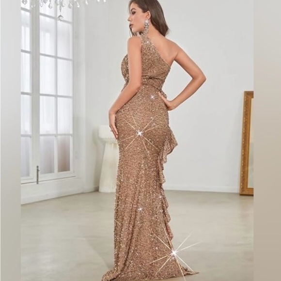 Giffniseti Sequin Women’s One Shoulder Dress Long Formal Evening Gown - Picture 5 of 8